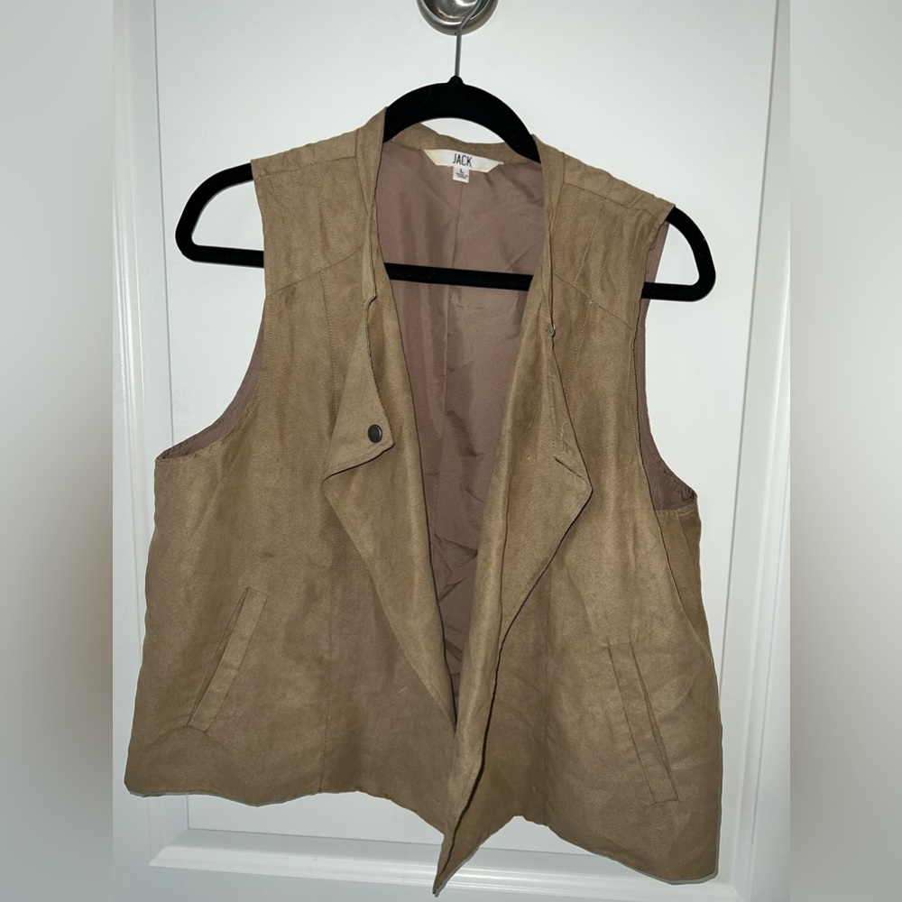 Jack BB Dakota— Camel faux suede waterfall drape front vest
